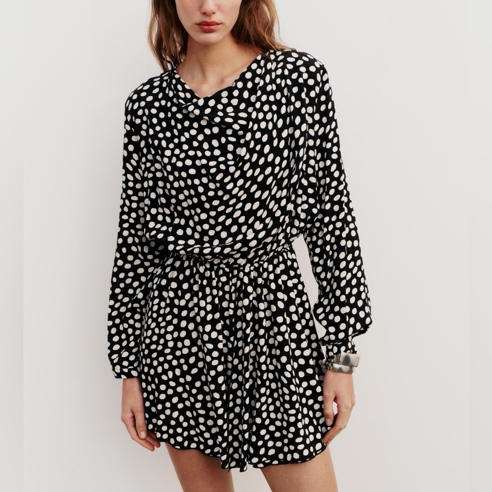 NWOT Zara Black White Polka Dot Classic Chic Mini Dress Cowl Neck Size Medium